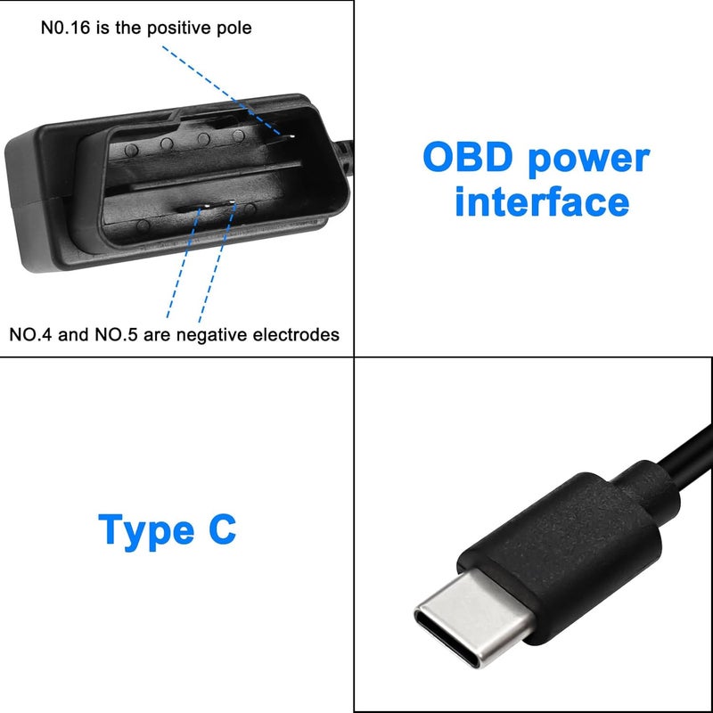 XMSJSIY OBD Power Cable for Dash Camera Type C OBD2 Power Cable Adapter Hardwire Charger Cable with Switch Button Connector Charger 24 Hours Surveillance for Dash Camera GPS DVR - 3.5M - Image 3